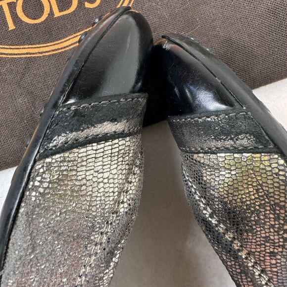 Tods Ballet Flats Black Mixed Media Cap Toe Buckle Scrunch 8.5 Classic Leather - Picture 8 of 10